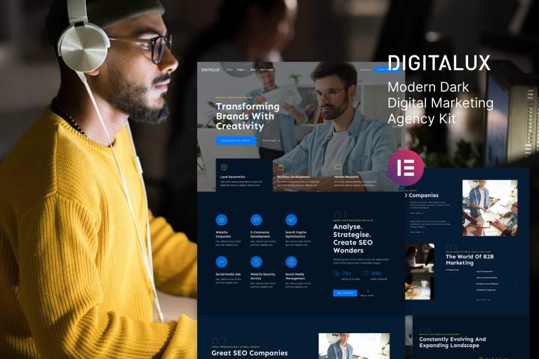 Digitalux – Modern Dark Digital Marketing Agency Elementor Template Kit